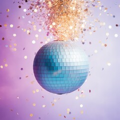 Fototapeta na wymiar ultra light pastel blue and gold disco ball in huge smoke