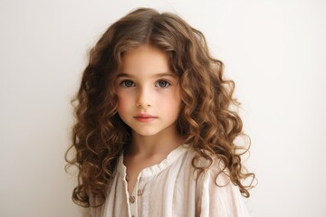 Portrait of a little girl with curly hair on a white background