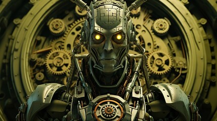 Fototapeta premium A robot in a retro-futuristic style, reminiscent of early sci-fi illustrations, set against a backdrop of gears and cogs
