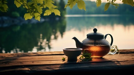 A teapot pouring tea into a cup, set against a blurred background of a tranquil lake surrounded by trees - obrazy, fototapety, plakaty
