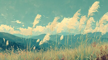 vintage, wind greases painting with tall grasses field