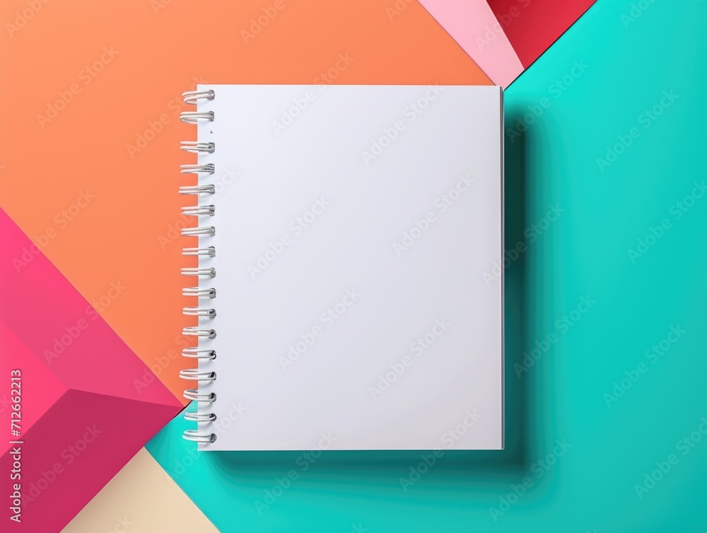 Poster a spiral notebook on a colorful background. notebook mockup on geometric paper pattern.