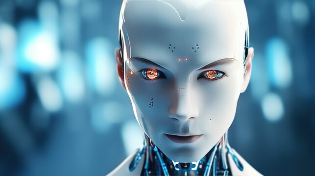 A detailed portrait of a humanoid robot with expressive eyes, conveying a sense of intelligence and curiosity.