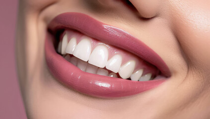 primer plano de la boca y labios rosas de una mujer sonriendo mostrando una dentadura perfecta