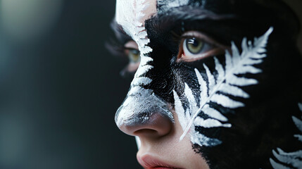 Portrait of a beautiful New Zealand fan, with her face painted in the colors of All Blacks flag and the silver fern symbol. National pride, rugby fans and enthusiasm concept.