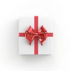A white box with a red ribbon and a bow.