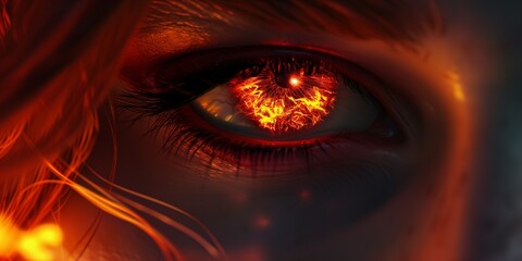Woman's red eye in the dark. Piercing eyes Orange Fire. Burning demonic eyes. Vampire. Fiery Mysterious. Magic, secrecy, mysticism, visual effect. Hypnosis, power of sight. Look. Close up. Game art
