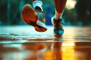 Basketball player running fast on a court