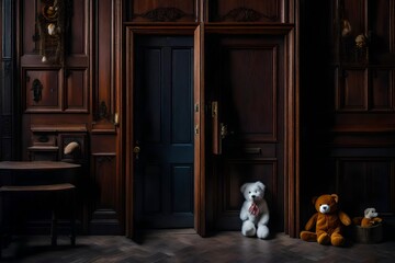 An old Wooden Appartement door with stuffed animals,