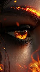 Woman's red eye in the dark. Piercing eyes Orange Fire. Burning demonic eyes. Vampire. Fiery Mysterious. Magic, secrecy, mysticism, visual effect. Hypnosis, power of sight. Look. Close up. Game art