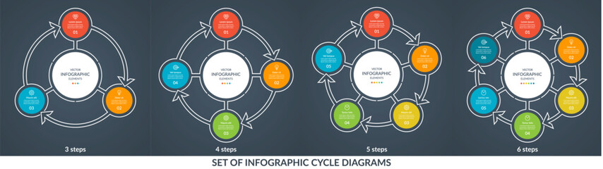 Set of simple infographic cycle diagrams with 3, 4, 5, 6 steps. Vector circular templates, round charts, infographic circles.