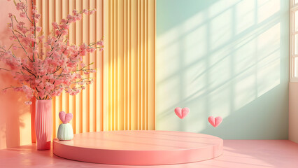 Sunny Pastel Room with Blossoming Tree and Hearts