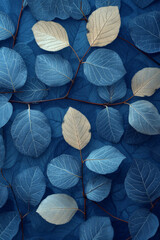 Fototapeta na wymiar eine blau-weiße Blatttapete mit vielen Blättern