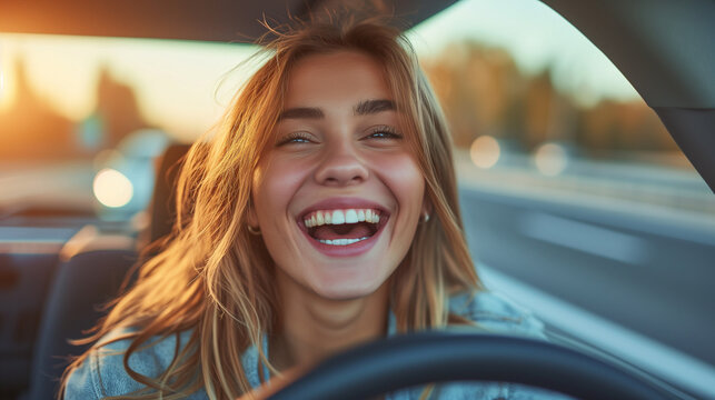 Young woman smiling inside a car