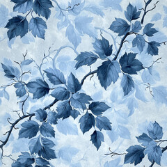 eine blau-weiße Blatttapete mit vielen Blättern
