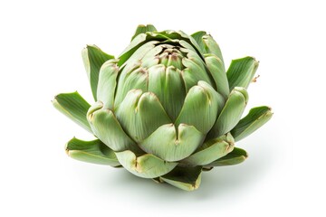 An artichoke is shown on a white surface.