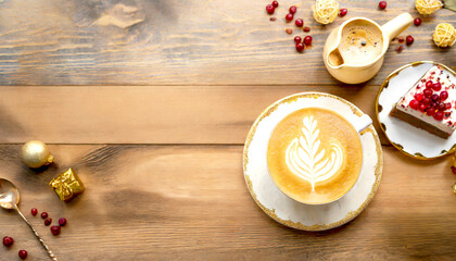 Kaffee und Kuchen mit goldenen Elementen auf einem Holztisch angerichtet 