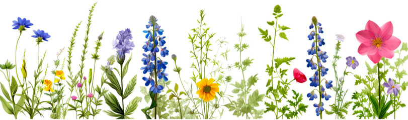 10 different wildflowers of tender watercolor isolated on transparent background, PNG