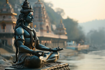 Beautiful statue of Lord Shiva near the bank of Ganga - obrazy, fototapety, plakaty