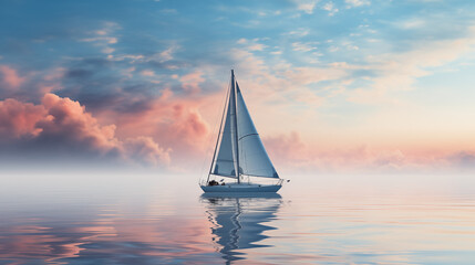 Fototapeta premium Sailboat on open water with a background of pink and blue sky