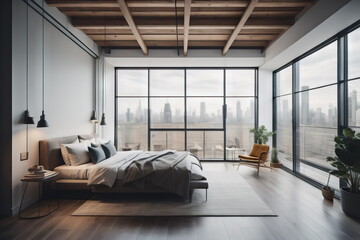  Minimalist loft interior design of modern bedroom with panoramic windows