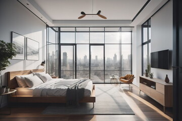 Fototapeta na wymiar Minimalist loft interior design of modern bedroom with panoramic windows