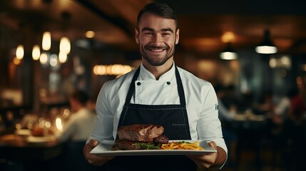 Before cooking, a chef in a uniform presents a fresh steak while looking at a camera in a restaurant kitchen.