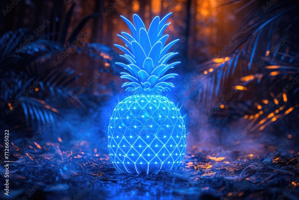 Poster a glowing pineapple sits in the middle of a forest. artificial glowing object, concept for a softwar