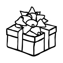 Doodle hand drawn gift box. Present package drawn with thin single line. Png clipart isolated on transparent background