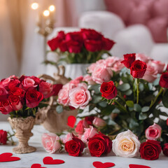 Obraz premium Blooming Love: Red Roses and Hearts for Valentine's Day