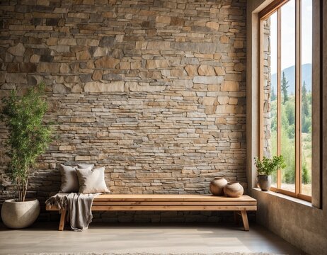 Wooden rustic bench near wild stone cladding wall against window. Farmhouse interior design of modern