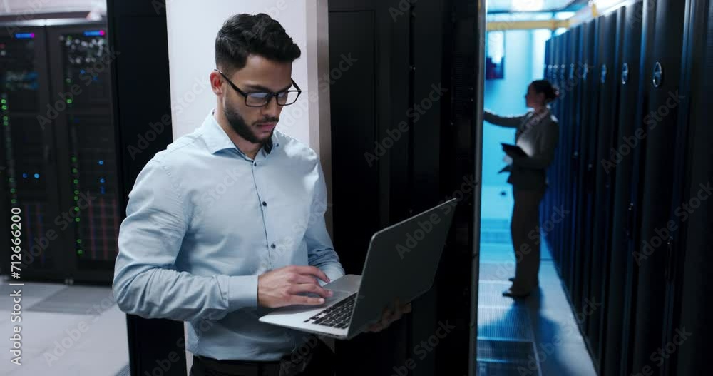 Poster Business man, data center and laptop for maintenance, system solution and server room coding or cyber security. Team, people or technician with computer engineering, software and hardware inspection