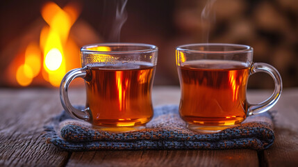 Two cups of tea on a wooden table with a fireplace burning in the background