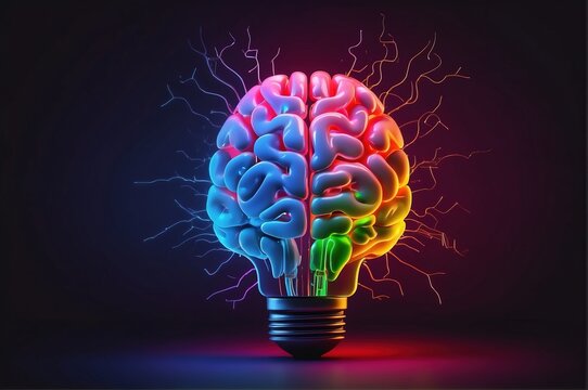 Creative Neon Color Brain Lightbulb On Dark Background