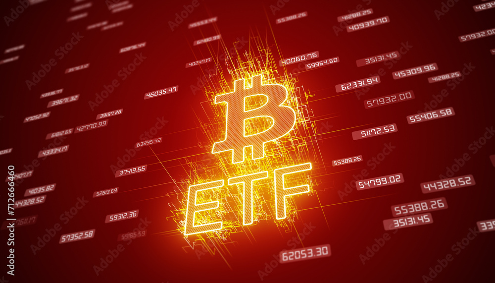 Poster illustation of the keyword etf and the bitcoin sign in red on a dark abstract background - business 
