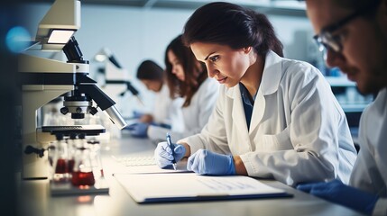 A group of scientists are working together in a science lab. - obrazy, fototapety, plakaty