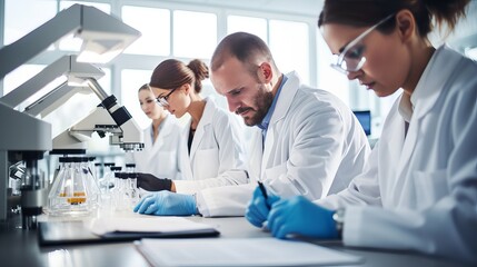 Fototapeta premium A group of scientists are working together in a science lab.