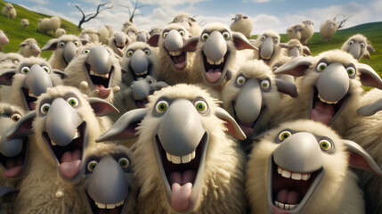 sheep within a mob flock turn to check out the photographer laughing comedy sheep - obrazy, fototapety, plakaty