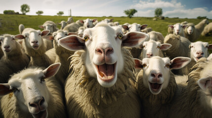 sheep within a mob flock turn to check out the photographer laughing comedy sheep