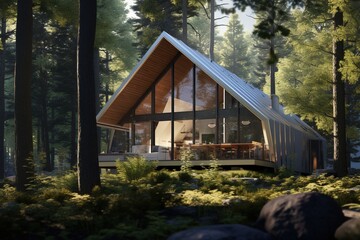 Modern A-frame cabin in the woods