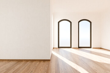frontal view on empty luxurious loft apartment with floor-to-ceiling windows and panoramic view; modern minimalistic interior design; bright daylight; 3D rendering