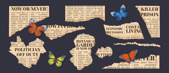 Newspaper page scraps. Retro torn old newspaper sheets. Creative scrapbooking collage elements. Grunge butterflies. 