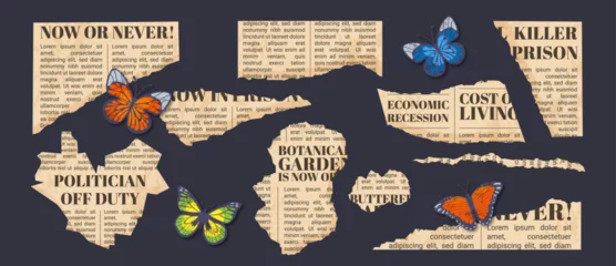 Fototapete Schmetterlinge im Grunge Newspaper page scraps. Retro torn old newspaper sheets. Creative scrapbooking collage elements. Grunge butterflies. 