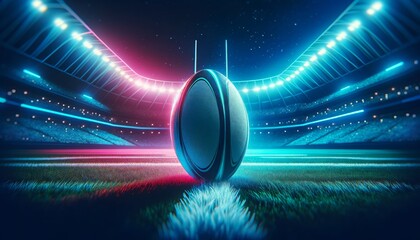 Neon rugby ball on a stadium field with dynamic red and blue lighting effects at night, symbolizing energy and motion.