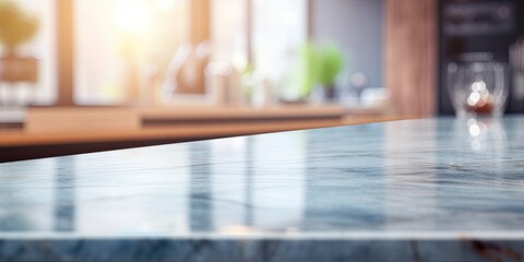 Blurred background of cordial modern kitchen countertop. - obrazy, fototapety, plakaty