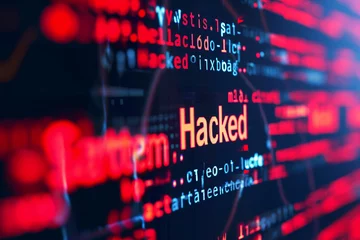 Fotobehang a digital display showing abstract code and a malicious cyber attack warning that reads "Hacked" in bright text  © StockUp