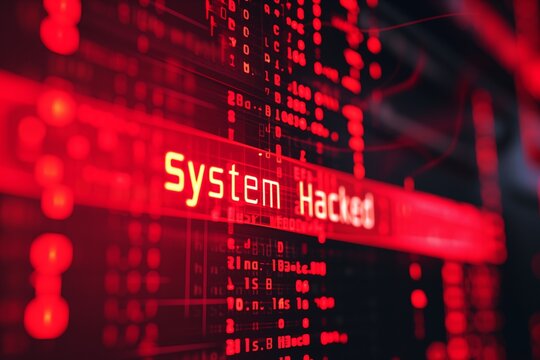 a digital display showing abstract code and a malicious cyber attack warning in bright text 