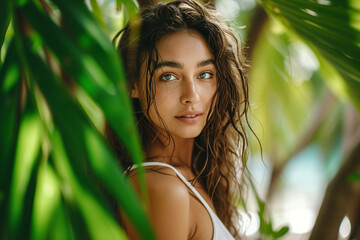 blue-eyed woman with freckles in the jungle peeks out from behind a tropical palm tree. Beautiful woman with green leave near face and body. Closeup girl's face with green leave