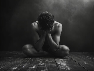 A black and white image of a semi-naked depressed man sitting on the floor with his head in his hands, wooden floor,   