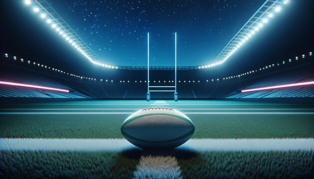 Neon rugby ball on a stadium field with dynamic red and blue lighting effects at night, symbolizing energy and motion.